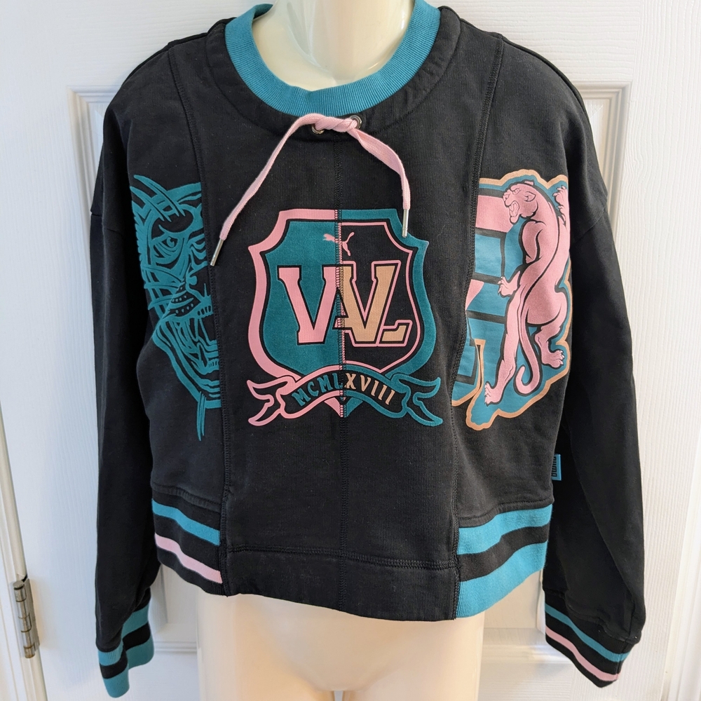 Small Puma Black Sweatshirt with Teal And Pink Accents Crew neck
